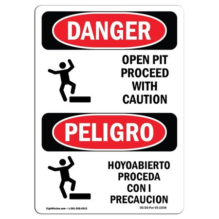 SIGNMISSION OSHA Danger, Open Pit Proceed W/ Bilingual, 24in X 18in Decal, 18" W, 24" H, Bilingual Spanish OS-DS-D-1824-VS-1508